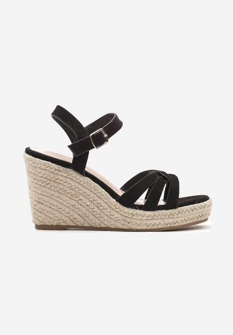 Czarne Casualowe Sandały na Koturnie w Stylu Boho z Plecionką Grendia