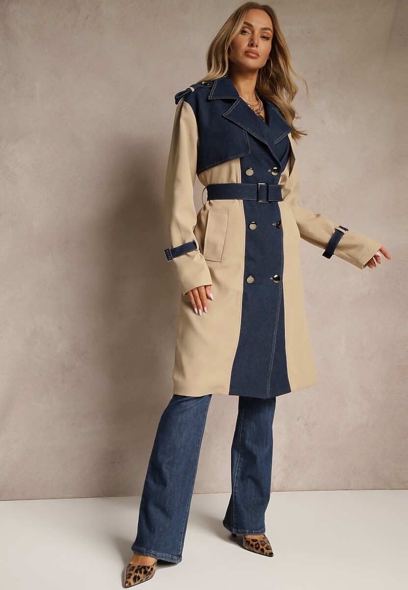 Czarny Płaszcz z Bawełną Typu Trencz z Jeansowymi Wstawkami Felsedi