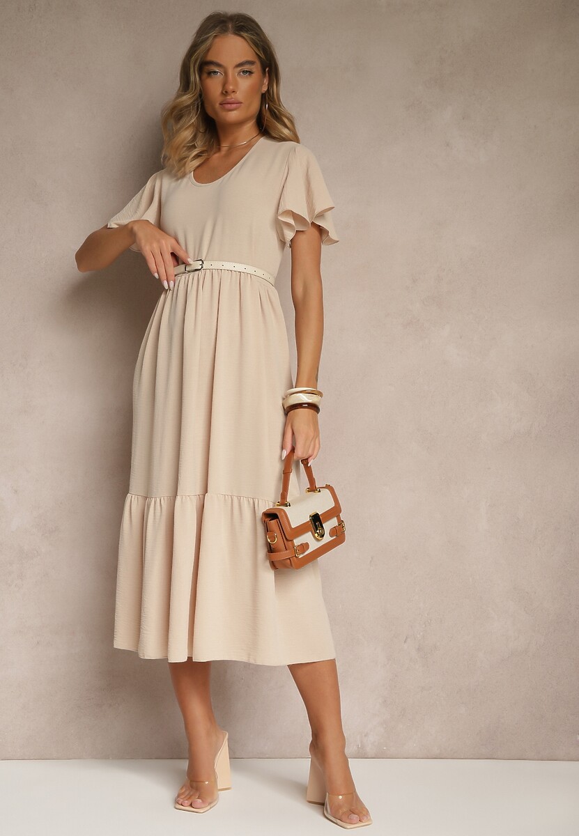 Jasnobeżowa Rozkloszowana Sukienka z Wiskozą w Casualowym Stylu Filarenna