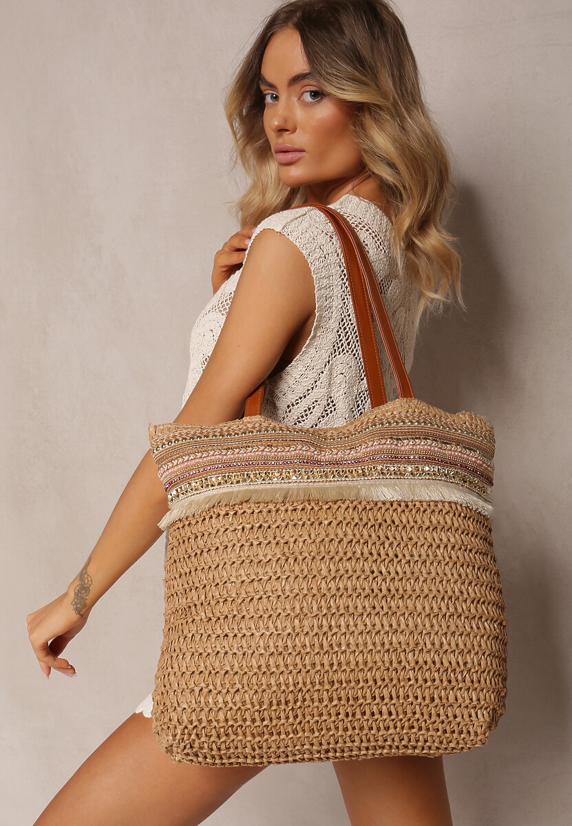 Beżowa Pleciona Duża Torebka Ozdobiona Frędzlami Rivarasia