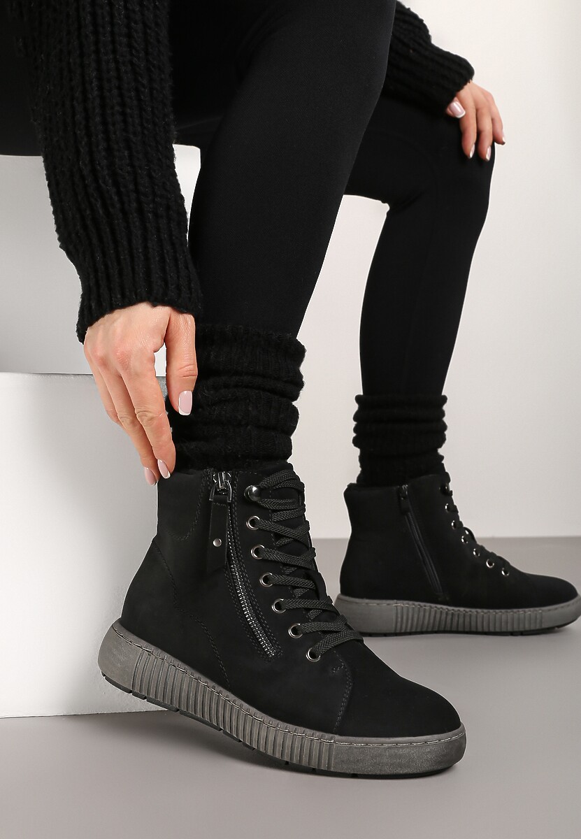 Czarne Traperki Sportowe ze Sznurowaniem i Ociepleniem Persetina