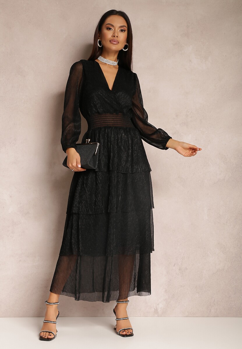 Granatowa Sukienka Błyszcząca z Falbanami i Transparentnym Rękawem Halose