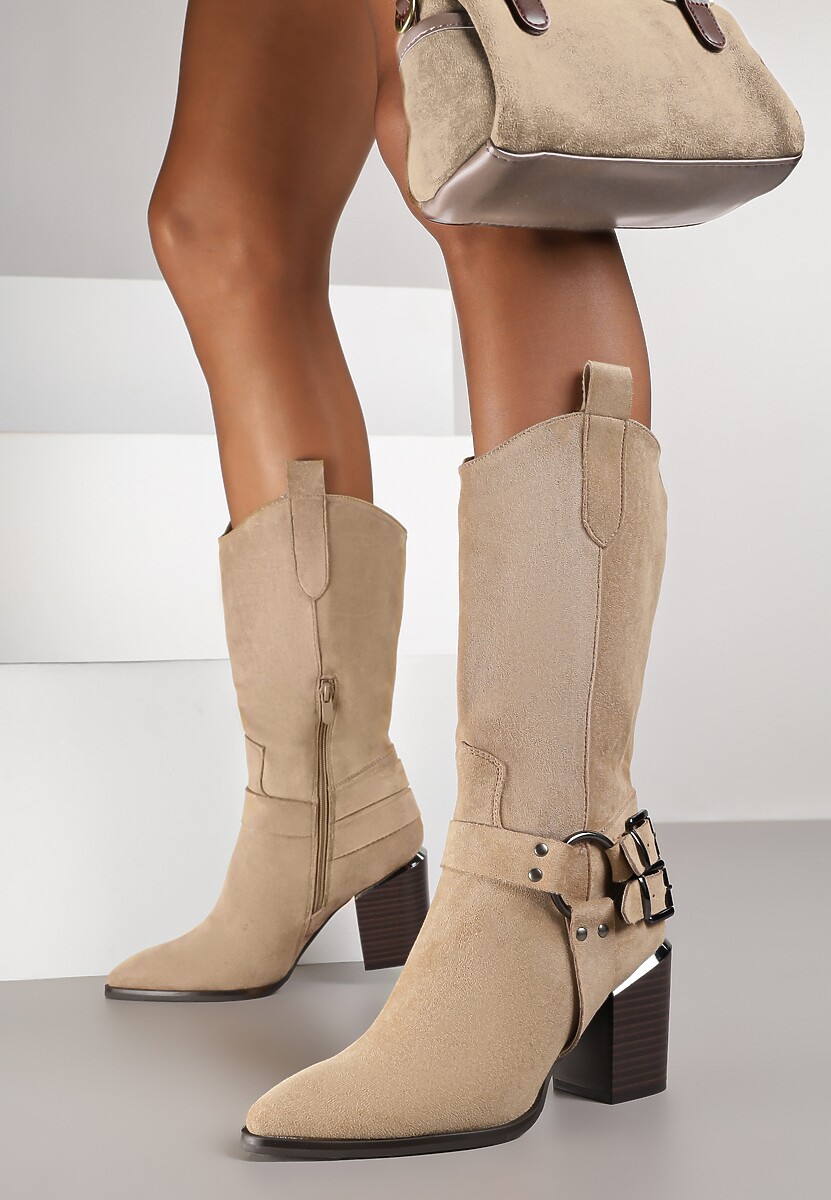 Ciemnobeżowe Kozaki Kowbojki w Stylu Bikerów na Słupku Ansabelle