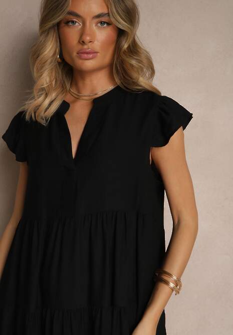 Czarna Rozkloszowana Sukienka z Dekoltem w Kształcie Litery V Mevamara