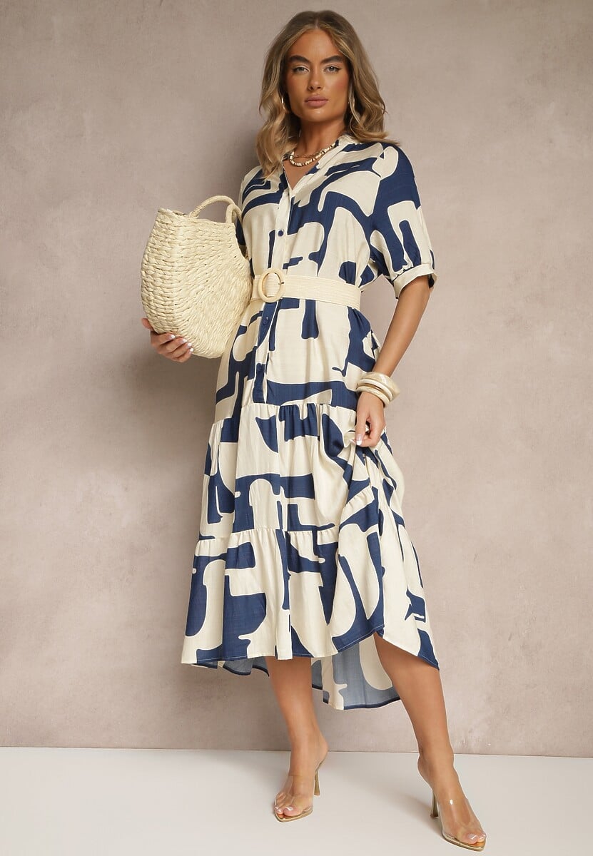 Granatowa Sukienka z Wiskozy Ozdobiona Geometrycznym Motywem Filorea