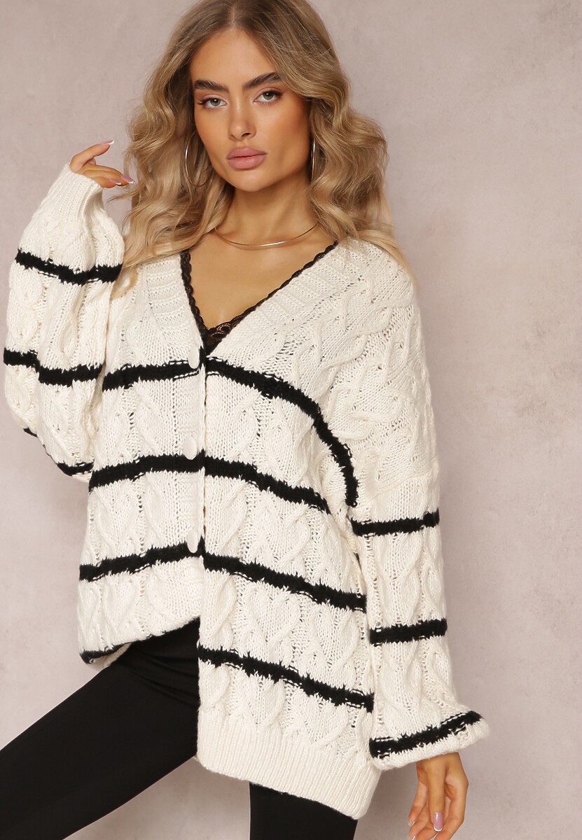 Jasnobeżowy Zapinany Kardigan w Paski i Warkoczykowy Splot Isildesa