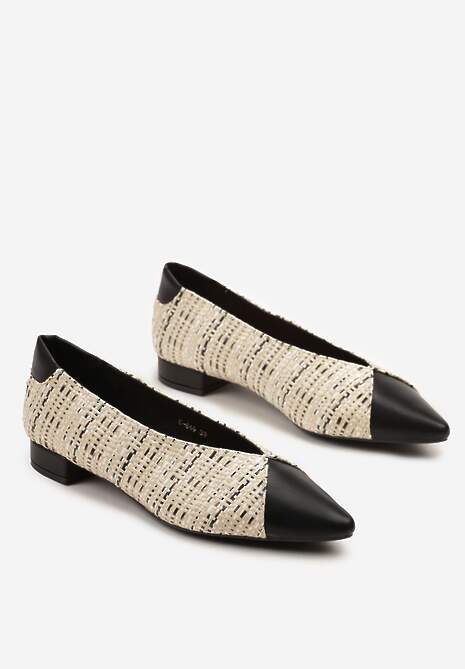 Beżowo-Czarne Czółenka Ozdobione Plecionką na Płaskim Obcasie Selliova