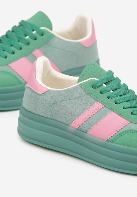 Zielono-Różowe Sneakersy w Stylu Tenisówek z Geometrycznym Wzorem Melundea
