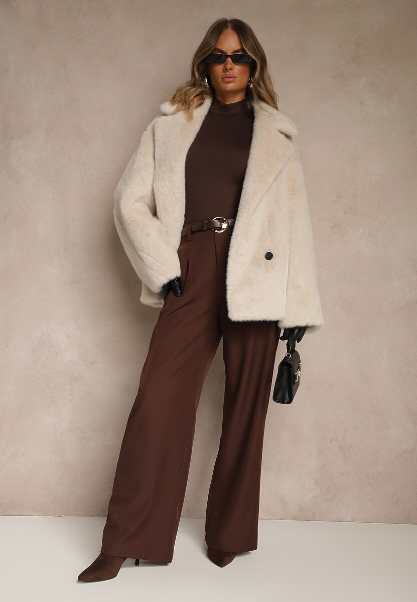 Beżowa Dwurzędowa Kurtka Futerko o Fasonie Oversize Manella