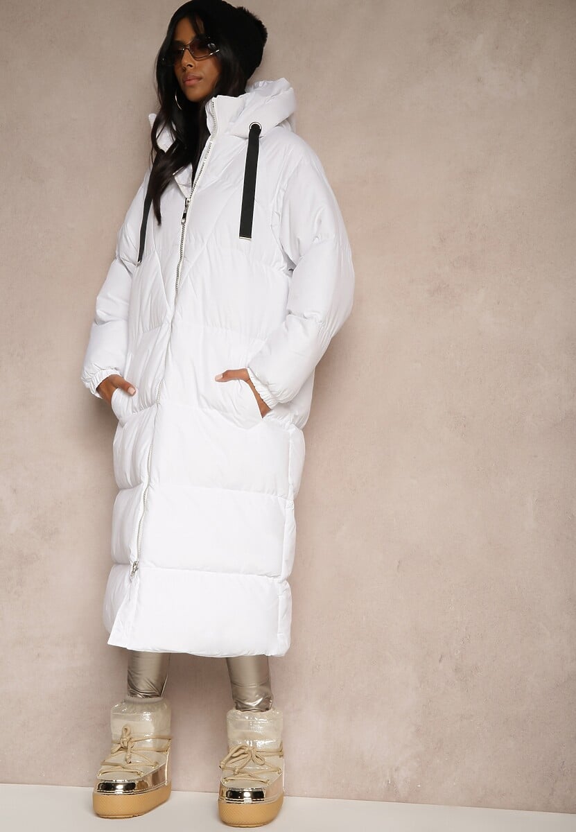 Biała Długa Kurtka Pikowana Płaszcz z Kapturem Serea