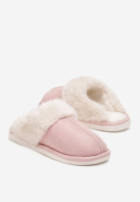 Różowe Wsuwane Kapcie Ozdobione Futerkiem i Przeszyciami Almane