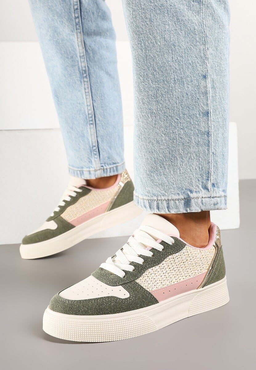 Beżowo-Zielone Sneakersy na Platformie Ozdobione Plecionką Perforacją i Brokatem Tulreia