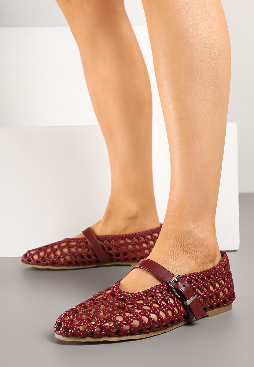 Bordowe Balerinki Ozdobione Paskiem i Plecionką Linalanna