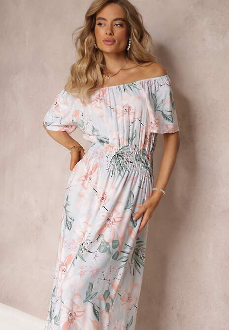 Jasnoniebieska Kwiecista Sukienka Hiszpanka Maxi z Gumką w Talii Mianga