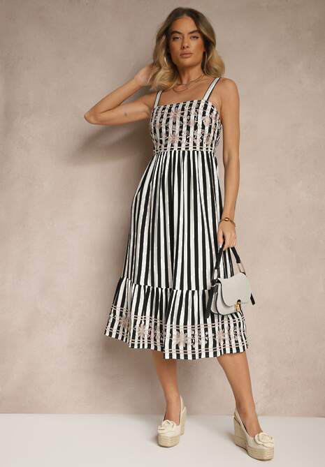 Czarno-Biała Bawełniana Sukienka z Ozdobnym Haftem Redemae