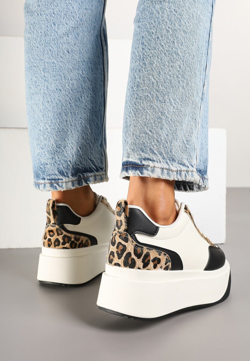 Biało-Czarne Sneakersy na Platformie z Motywem Panterki Fonavia