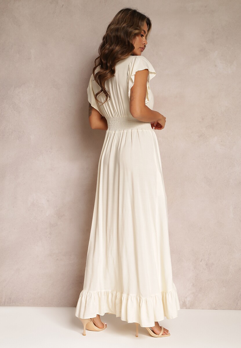 Beżowa Kopertowa Sukienka z Wiskozy Ozdobiona Falbanką Carnovie