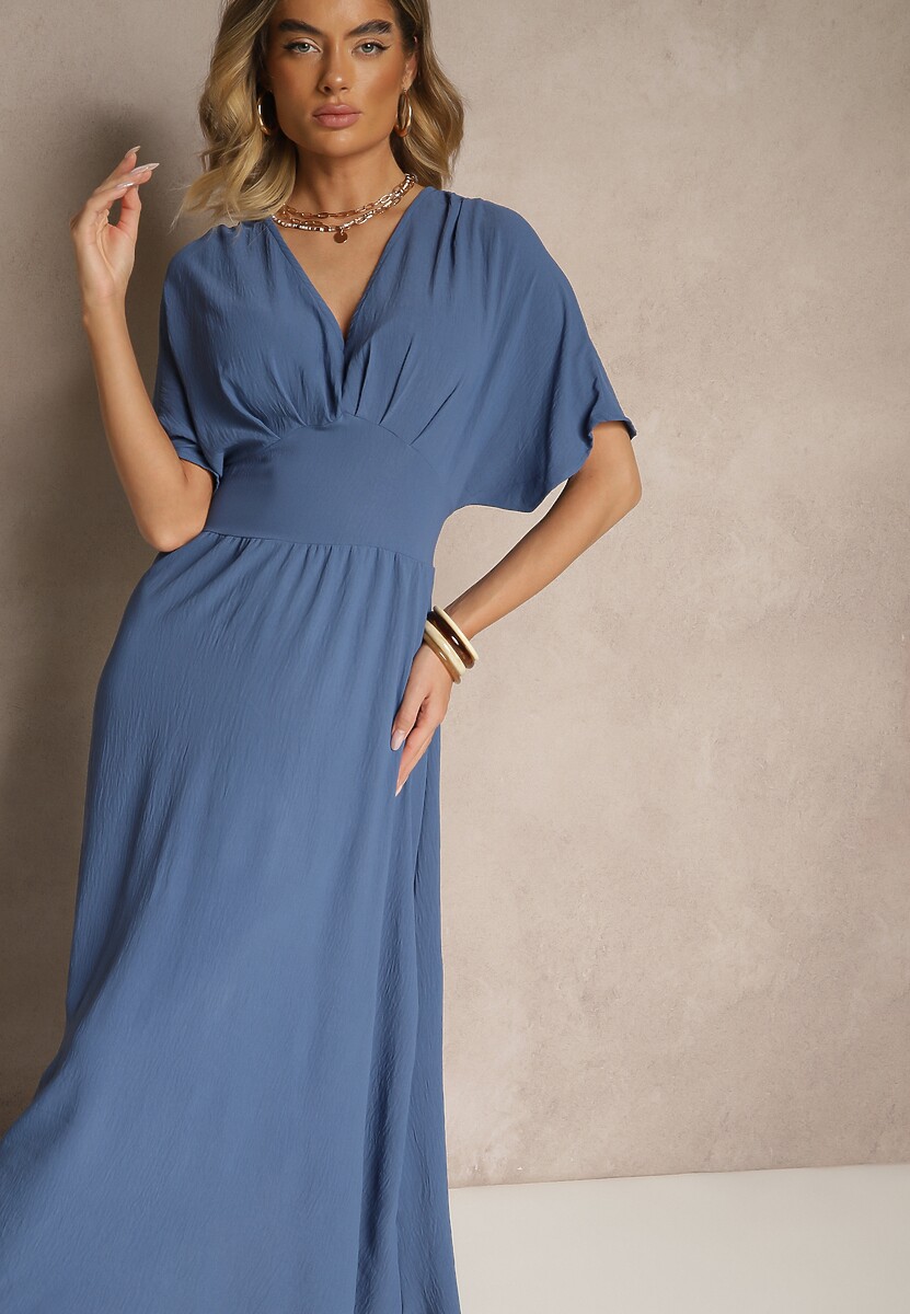 Granatowa Sukienka o Rozkloszowanym Kroju z Gumką w Talii Iffine