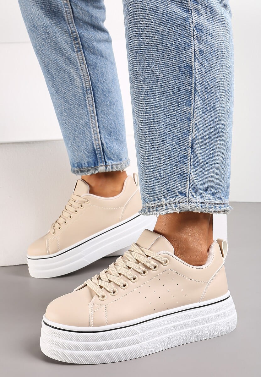 Beżowe Sznurowane Sneakersy  na Platformie z Ekoskóry z Przeszyciami Onurte