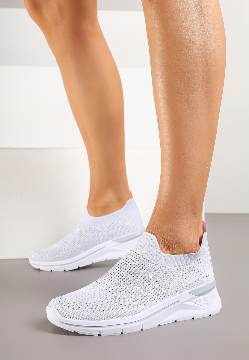 Białe Buty Sportowe z Cholewką przed Kostkę z Miękkiego Materiału Ozdobione Cyrkoniami Telianisa