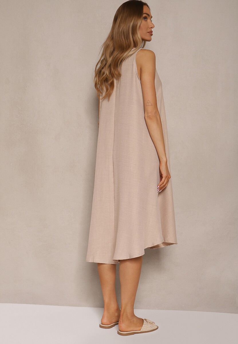 Beżowa Basicowa Sukienka o Rozkloszowanym Kroju Mevolira