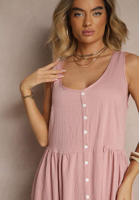 Różowa Rozkloszowana Sukienka z Wiskozy Ozdobiona Guzikami Nataviela