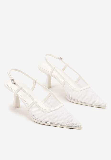 Białe Sandały na Obcasie Kaczuszka ze Sprzączką i Siateczką Falelitia