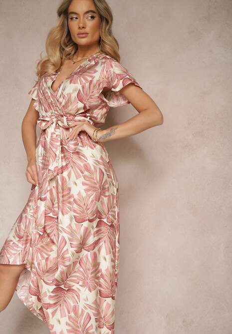 Różowa Sukienka w Listki z Elastyczną Gumką w Talii i Wiązanym Paskiem Jaliren