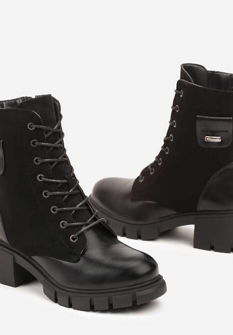 Czarne Botki na Tłoczonym Słupku i Platformie ze Sznurowaniem i Metaliczną Ozdobą Mezita