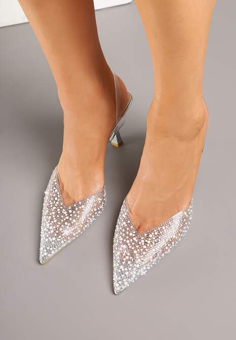 Srebrne Sandały Vices na Szpilce Slingback ze Skórzaną Wkładką i Cyrkoniami Ovifa