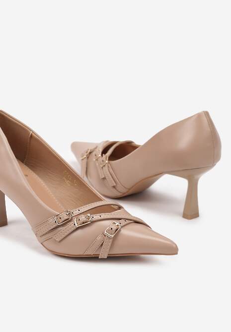 Beżowe Czółenka na Obcasie Stiletto z Ozdobnymi Sprzączkami Arstelora