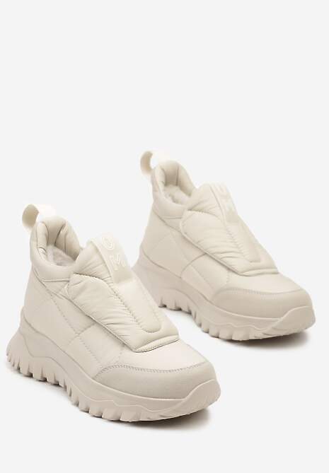 Jasnobeżowe Pikowane Sneakersy na Platformie Ozdobione Napisem Resilie