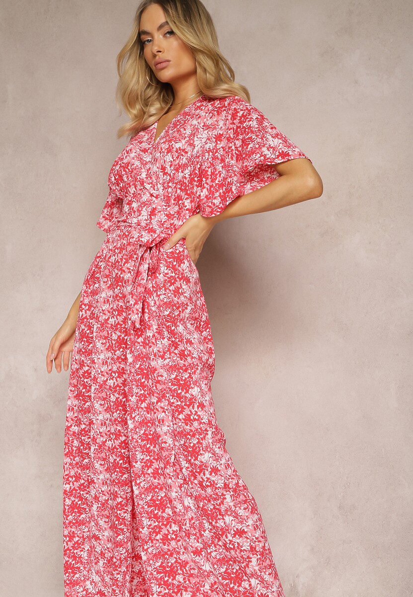 Czerwono-Różowy Kombinezon z Falbankami i Trójkątnym Dekoltem z Suwakiem z Tyłu Zintella