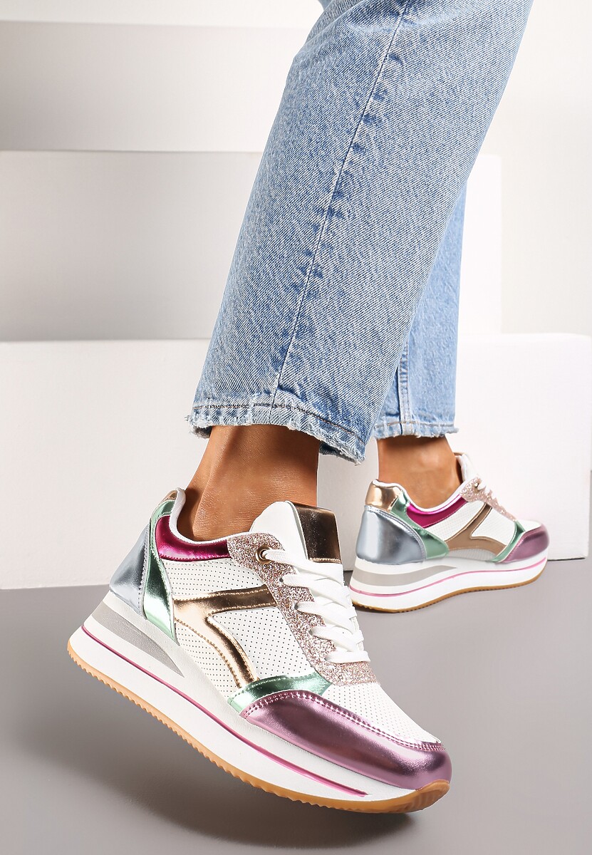 Beżowe Sneakersy na Grubej Podeszwie w Paski Zdobione Brokatem Selarissa