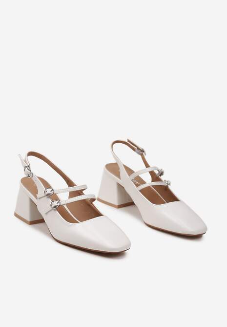Białe Czółenka z Ekoskóry Typu Slingback na Słupku z Trzema Sprzączkami Qrevia