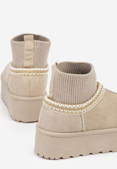 Beżowe Śniegowce VICES na Platformie ze Skarpetkową Cholewką i Haftem Ebentia