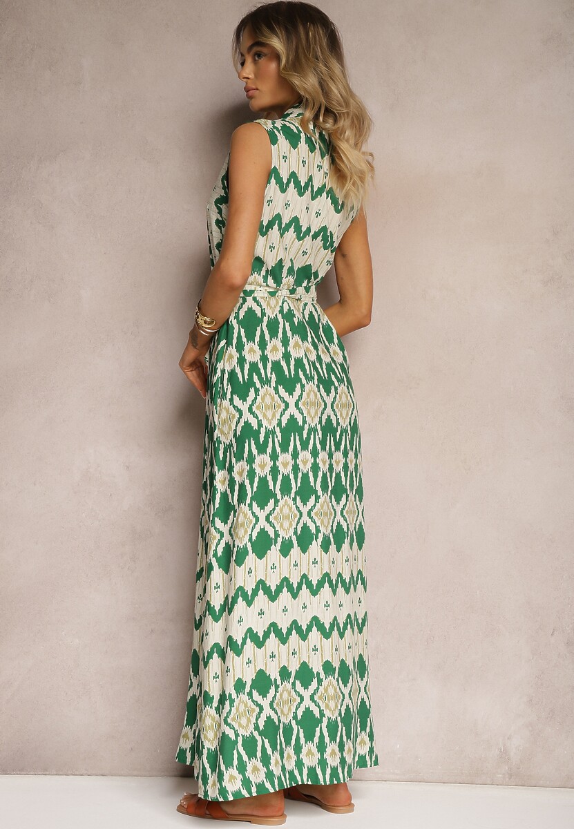 Zielona Wiskozowa Sukienka w Koszulowym Stylu z Materiałowym Paskiem w Talii Drevima