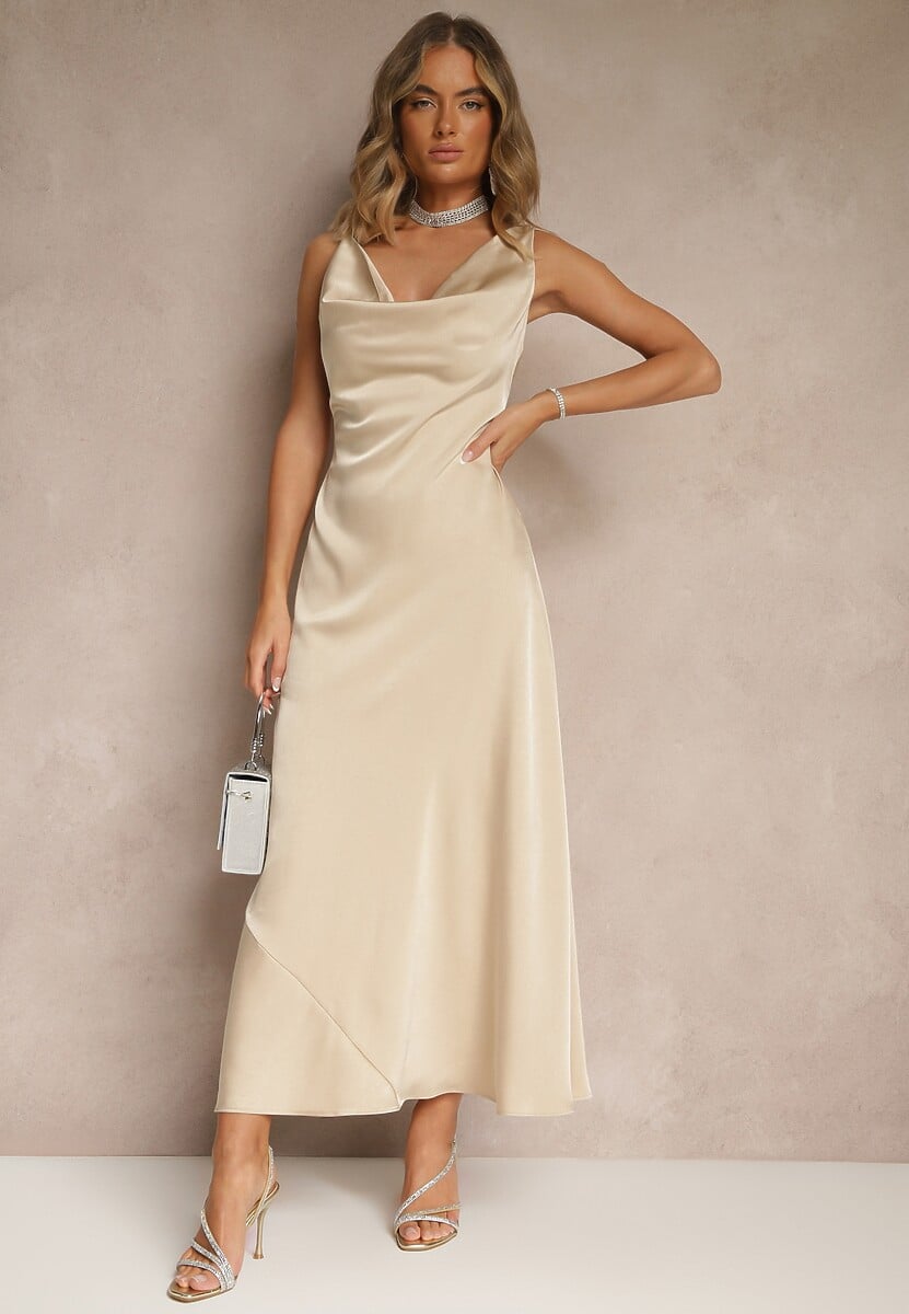 Beżowa Taliowana Sukienka Vices Wiązana przy Karku Zinvea