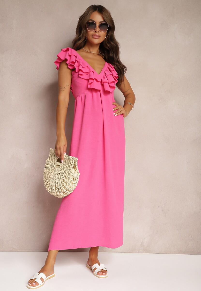 Różowa Sukienka Koktajlowa na Ramiączkach Ozdobiona Falbaną i Rozcięciami po Bokach Zorabea