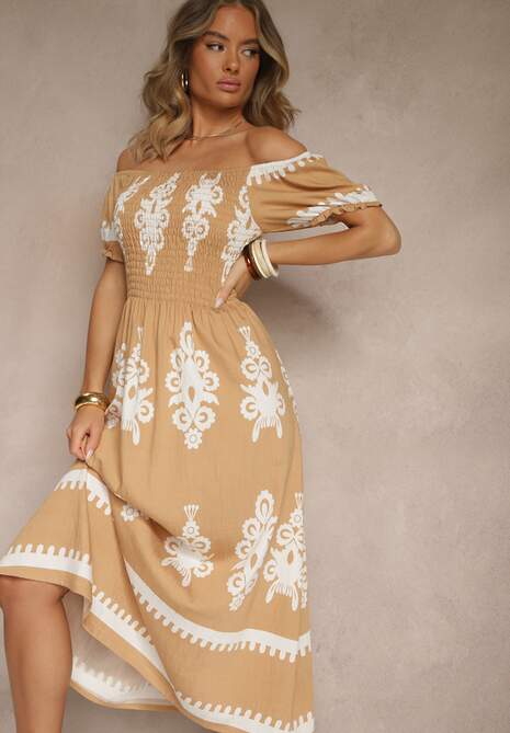 Ciemnobeżowa Sukienka Hiszpanka Ozdobiona Etnicznym Printem Aralette