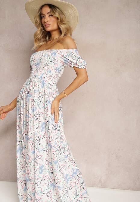 Biało-Niebieska Kwiecista Sukienka o Rozkloszowanym Kroju z Marszczoną Górą Eliseria