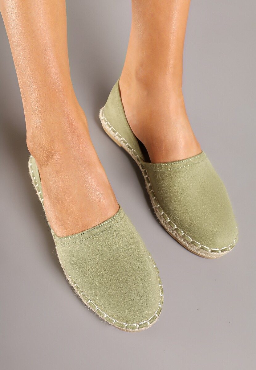 Zielone Espadryle  Ozdobione Wyciętą Cholewką i Plecionką Wommea