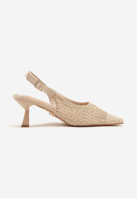 Beżowe Haftowane Sandały Vices na Szpilce Typu Slingback Atesia