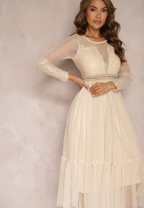 Ciemnobeżowa Rozkloszowana Sukienka Maxi z Koronkowymi Wstawkami i Tiulem Kollla