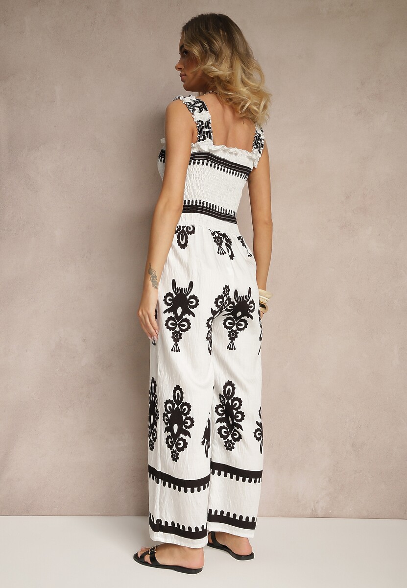 Biały Kombinezon Wide Leg z Wiskozy na Ramiączkach Zdobiony Etnicznym Wzorem Melriti