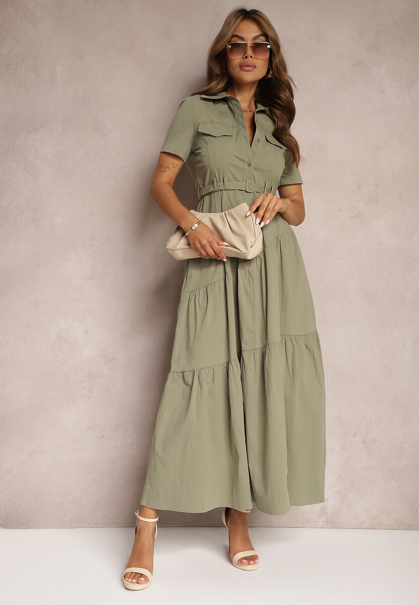 Zielona Bawełniana Sukienka o Rozkloszowana Zwężana w Talii Nenefia