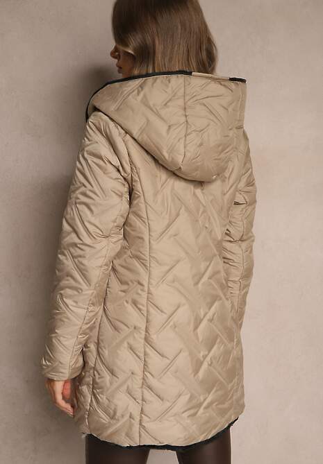 Ciemnobeżowa Dwustronna Kurtka z Kapturem Pikowanymi Przeszyciami i Futerkiem Rossalea