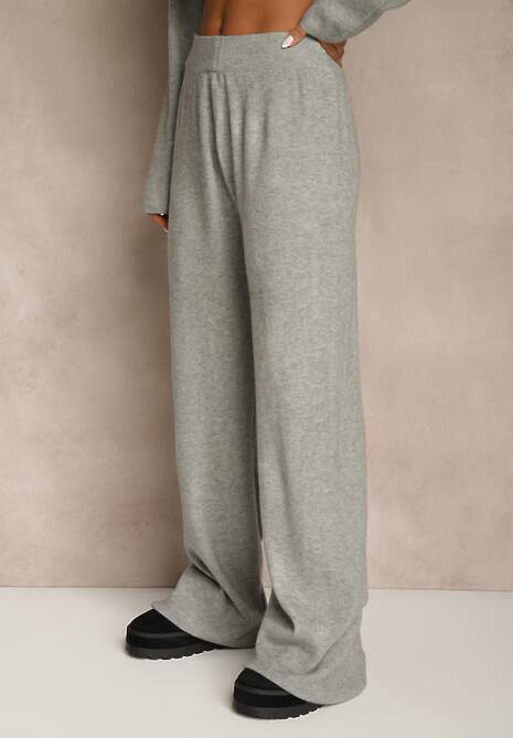 Szary Komplet Oversize z Dzianiny z Wełną Sweter i Szerokie Spodnie Alenria