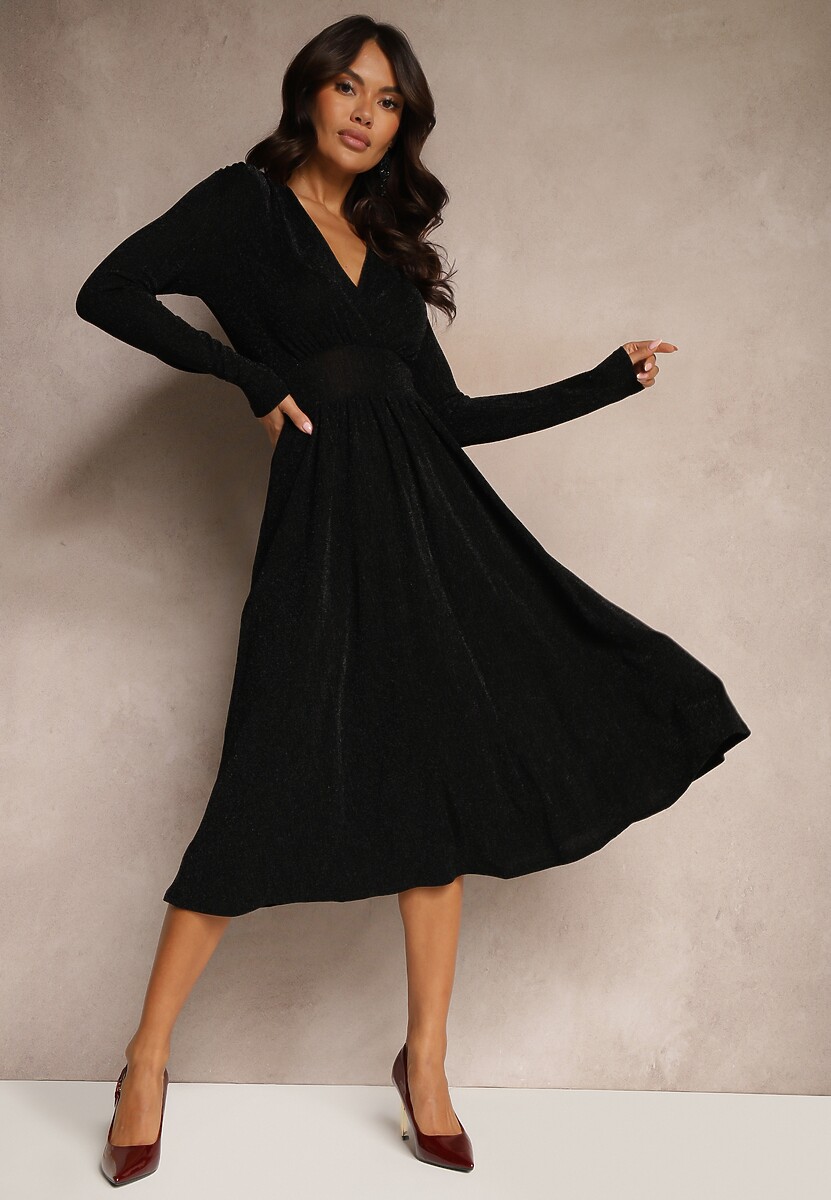 Zielona Rozkloszowana Sukienka z Wiskozą o Taliowanym Kroju Przeszyta Metaliczną Nicią Mesiel