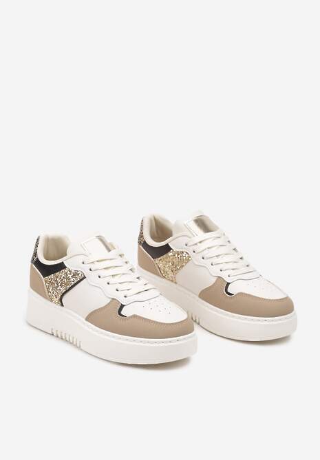 Ciemnobeżowe Sneakersy na Platformie Ozdobione Metalicznymi Elementami Miaraena